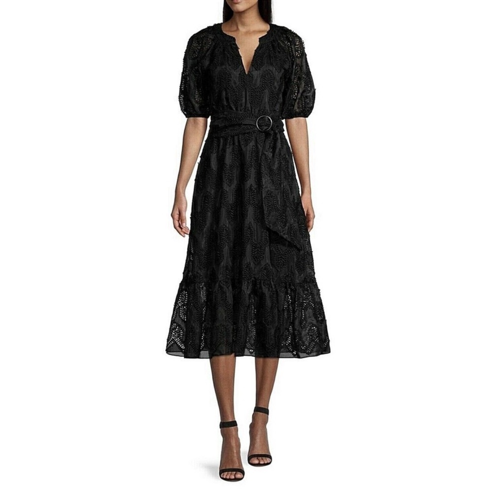 Shoshanna Jet Black Mosaic Embroidered Caricia Belted Lace Dress